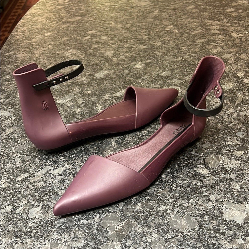 Melissa Sz 39/8 D’Orsay Ankle Pointed Toe Eggplant Purple Flat Sandals - New - Picture 2 of 8